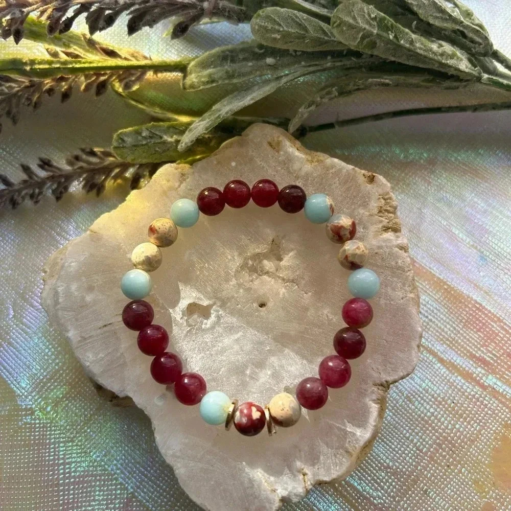 Handmade Aqua Terra Jasper + dyed pink & green quartz bracelet 💘